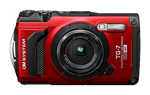 OM SYSTEM Cámara Tough TG-7, 12 MP, Resistente al Agua y a los Golpes, Modos de Disparo subacuático y Macro, vídeo 4K, Zoom Angular de 4X (sucesora de la Olympus TG-6), Rojo