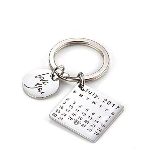 onlylove-handmade Fecha y Mensaje Grabados Personalizados Personalizados Calendario y Llavero de Acero Inoxidable Recuerdo conmemorativo (Plata)