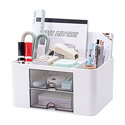 Organizador escritorio versátil con 5 compartimentos, 2 cajones y opciones de almacenamiento multifuncionales - ideal para suministros de oficina, artículos de papelería y accesorios de escritorio.