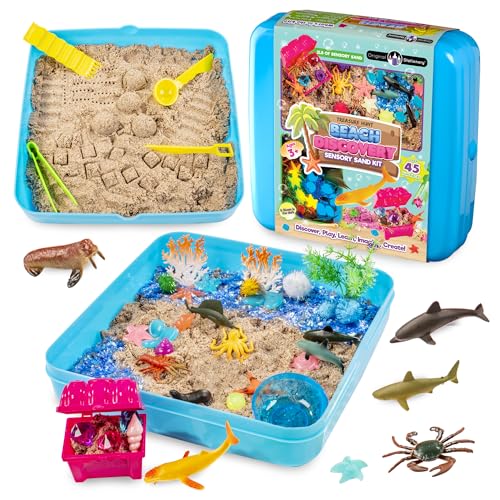 Original Stationery Kit de Arena Mágica Descubriendo la Playa, Caja de 900 gr de Arena Sensorial con Juguetes de Criaturas Marinas Que Brillan en la Oscuridad Beach Discovery Sensory Bin Kit