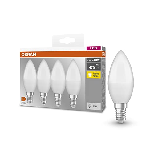 Osram Lámpara LED Base Classic B, en forma de vela con casquillo E14, no regulable, reemplaza 5.0W = 40 vatios, mate, blanco cálido - 2700 Kelvin, paquete de 4