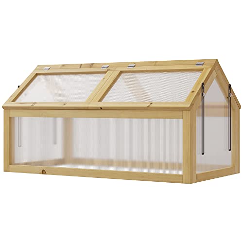 Outsunny Invernadero de Madera con Paneles de Policarbonato Huerto Urbano de Jardín Vivero Casero con 4 Ventanas Abatibles para Cultivo Plantas Flores Terraza Exterior 90x48x49,5 cm Transparente