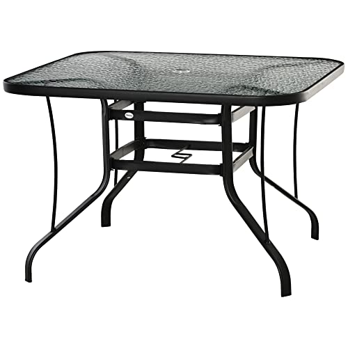 Outsunny Mesa de Jardín en Vidrio con Agujero de Comedor Cuadrada con Estructura de Acero para Balcón 106,5x106,5x71 cm Negro