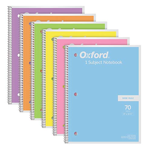 Oxford Cuaderno en espiral 6 unidades, 1 tema, papel rayado ancho, 20,3 x 25,4 cm, rosa pastel, naranja, amarillo, verde, azul y morado, 70 hojas (63757)