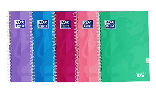 Oxford, Cuadernos A4 (Folio) Cuadrícula 4x4, Tapa Extradura, 80 Hojas, Pack 5 Libretas, Colores Tendencia