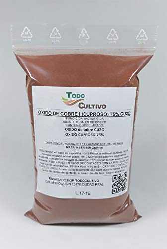 Oxido de cobre (I) u oxido cuproso 75%. Envase 500 grs. Utilizado como pigmento, o agente anti-incrustaciones de pinturas en vehiculos marinas.