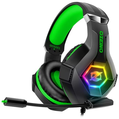 Ozeino Cascos Gaming PS4 PS5 PC Xbox One, Auriculares con Micrófono, Bajos Estéreo, Control de Volumen, LED RGB