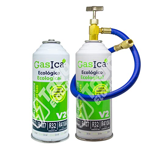 Pack 2 Bombonas Gas Refrigerante Orgánico Ecológico Gasica V2 sustituto del R22, R32, R407, R290 y R410 más Manguera con Llave de paso para Recarga Máquina Aire Acondicionado