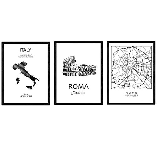 Pack de posters de paises y monumentos. Mapa ciudad de Roma, monumento Coliseo y mapa Italia. Tamaño A3