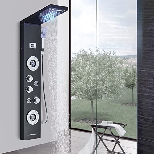 Panel de ducha columna de ducha de hidromasaje negro para baño con cabezal de ducha LED sistema de ducha de salida de agua multifunción de acero inoxidable