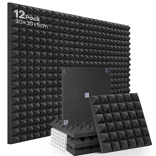 Paneles Acústicos Soundsbay 12 Piezas 30×30×5cm Espuma Acustica Con cinta transparente de doble cara aislantes acusticos para paredes para Estudio, Podcasting, Estudios de Grabación, Oficinas