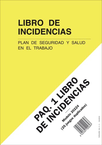 PAQ. 1 LIBRO DE INCIDENCIAS. Plan de Seguridad y Salud en el Trabajo. A4, 25 folios duplicados y numerados.