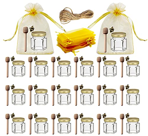 Paquete de 20 mini tarros de miel hexagonales de 1,5 oz con cucharones de madera, tapas doradas, colgantes de abeja, yute, bolsas de regalo doradas, perfecto para baby shower, recuerdos de boda
