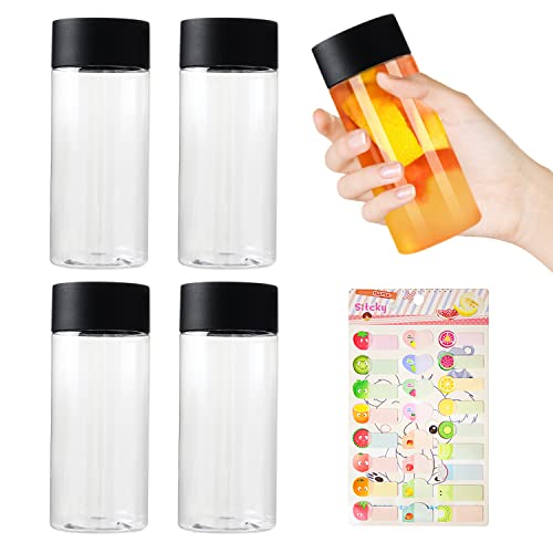 Paquete de 4 botellas de jugo de plástico con 1 etiqueta de fruta, botellas de bebidas con tapas, recipientes de bebidas, botellas de bebidas transparentes, ideales para jugo, leche, bebidas caseras