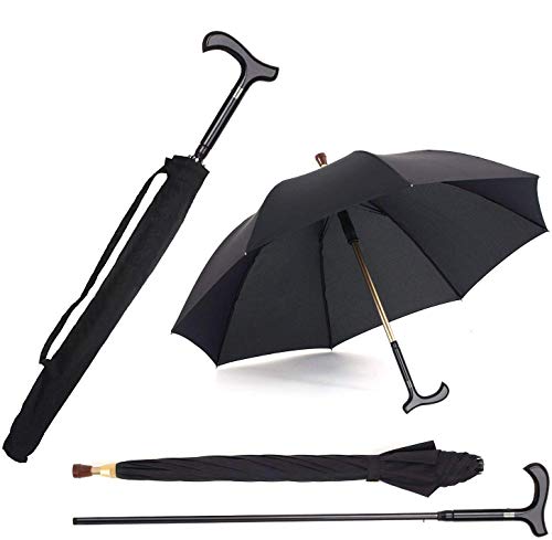 Paraguas 2 en 1 con varillas cortavientos, muleta de caña de caminar, paraguas de autoprotección, resistente acero de tungsteno sólido, regalo ideal para el padre para escalada, senderismo, pasar el
