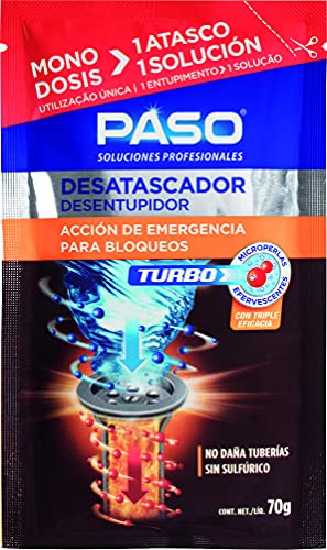 PASO - Desatascador Turbo Tuberías Químico - Microperlas - Todo tipo de problemas de tuberías y desagües - Monodosis 70gr