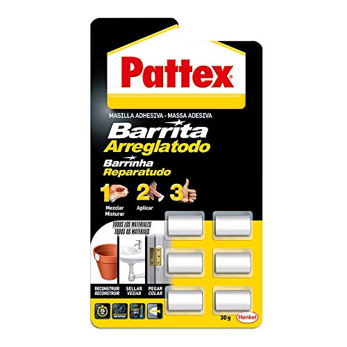 Pattex 1863218 Barrita arreglatodo, masilla adhesiva sella, pega, monodosis 6 x 5 gr