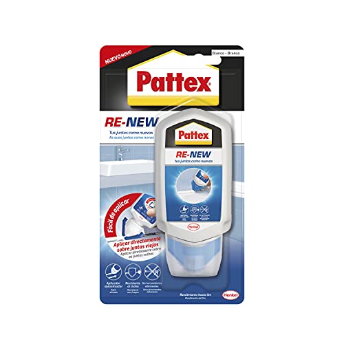 Pattex Baño Sano RE-NEW, silicona blanca para unas juntas limpias en sencillos pasos, silicona resistente al moho rápida, sellador de juntas de cocina y baño, 1x80 ml
