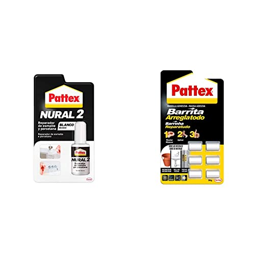 Pattex Nural 2 Reparador de esmalte y porcelana, esmalte permanente blanco para desconchados, golpes y rozaduras,1 x 50 g & Barrita arreglatodo, masilla adhesiva sella, pega, monodosis 6 x 5 gr