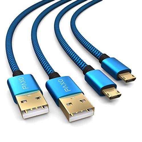 PAXO 2x 2m Cable de carga para PS4 Controller, Micro USB Cable de carga, Cable Micro USB, Nylon, Micro USB, Cubierta de tela, Enchufe de aluminio, Azul-Negro