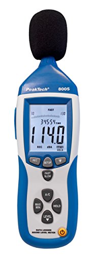 PeakTech 8005 – Medidor de nivel de sonido clase 2 con grabación (32000 valores medidos), calibrado, USB, medidor de dB, Min / Max, registrador de datos, salidas de CA / CC, 30 dB - 130 dB