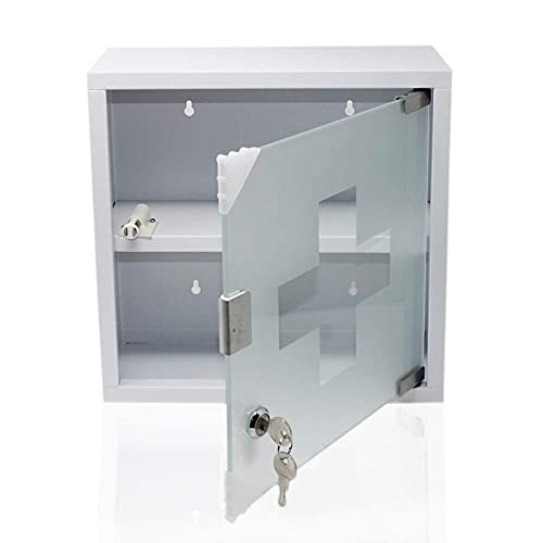 Pequeño armario medicinal de metal blanco mate BHT aprox. 30 x 30 x 12 cm armario para medicamentos con cerradura, puerta de cristal con cerradura, armario de primeros auxilios, pequeño botiquín