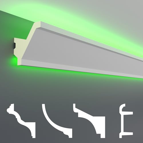 Perfiles de estuco HEXIM LED paquetes de ahorro - Iluminación indirecta con tiras de techo de PU, ligeras y opacas- (20m LED-15) Fachadas de cala de luz Blanco