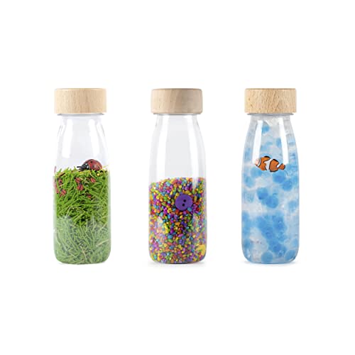 Petit Boum - Pack de 3 Botellas Sensoriales Eco | Un Microcosmos en Cada Botella | Descubre, Escucha y Aprende | Estimulación Sensorial | Botellas Sensoriales para Niños