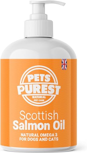 Pets Purest Aceite de salmón escocés puro Premium Food 100% Natural 500ml. Suplemento Omega 3, 6 y 9 para perros, gatos y mascotas. Promueve la salud del piel, las articulaciones y el cerebro