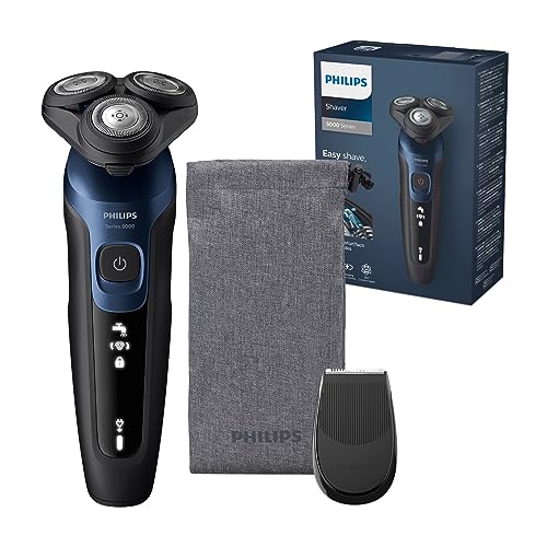 Philips, Afeitadora serie 5000, afeitadora eléctrica Wet & Dry para hombre en azul metalizado con recortador de precisión y estuche de viaje blando (modelo S5465/18)