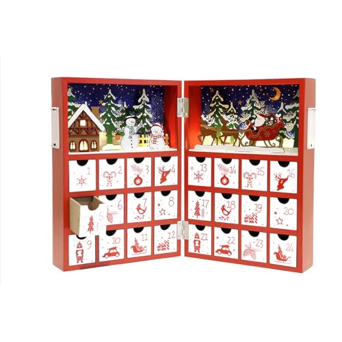PIONEER-EFFORT - Calendario de Adviento de madera con iluminación LED, color rojo, muñeco de nieve, cuenta regresiva, regalos de vacaciones con 24 cajones, decoración del hogar para adultos y niños