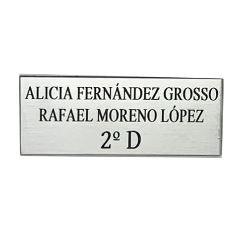 Placa para buzón personalizada. Chapa para buzón grabada. Chapa plástico inalterable personalizada con nombres y piso. Indica tu texto y selecciona medida (Plateado)