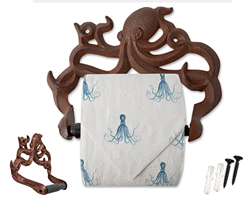 Portabobinas Decorativo de Hierro Fundido Octopus para Papel Higiénico - Decoración de Pared para Baño - Kraken, Accesorios Náuticos para Baño - los Tornillos y Anclas incluidos - Marrón Óxido
