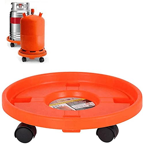 Portabombonas para trasporte butano de color naranja y de 33,5 cm de diámetro y 7,5 cm de alto con 4 ruedas, Soporte para bombonas con ruedas bidireccionales de plástico,