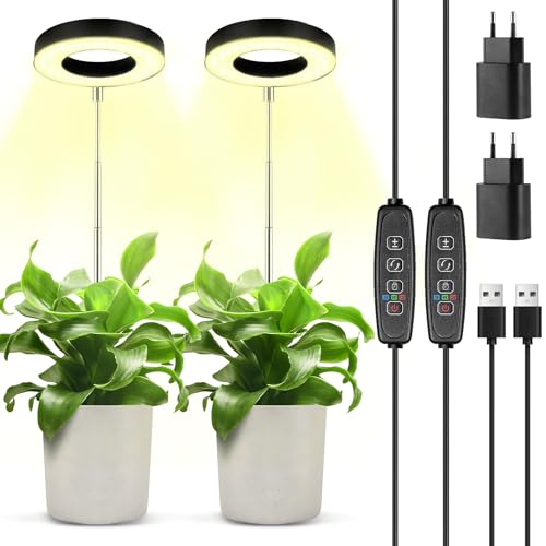 POWZOO 2PCS Lámpara de Planta,48 LED Luz crecimiento de Espectro Completo con cargador USB y temporizador automático de 3/9/12H,luz para plantas interior tiene 3 modos y 9 de Brillo,para plantas.