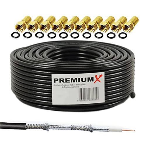 PremiumX 50m de Cable coaxial Basic Negro 135dB 4 Veces apantallado CCS Cable coaxial de Antena de TV por satélite 10x Enchufe F