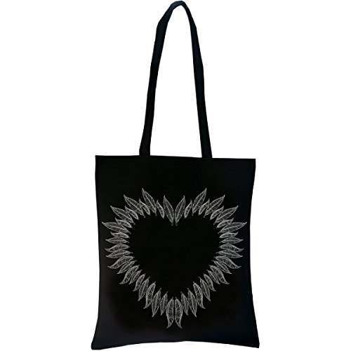 PREMYO Bolsa de la Compra Reutilizable Tela Bolso Tote Shopping Mujer Asas Largas Impresión Corazón de Plumas Práctico Cómodo Robusto Algodón Negro