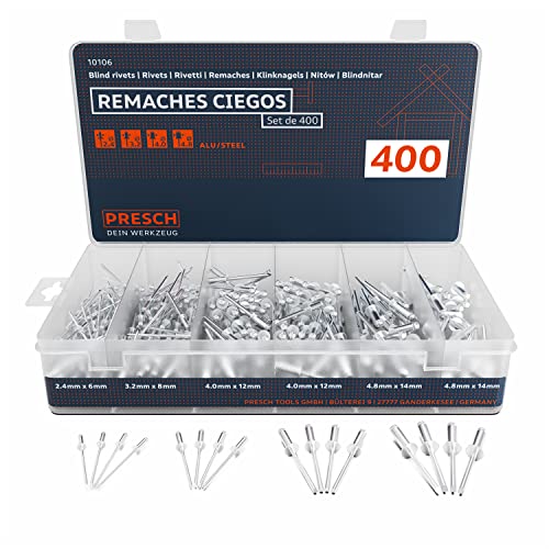 Presch set de 400 remaches ciegos - Un completo juego de remaches de aluminio/acero de tamaños 2,4 mm, 3,2 mm, 4,0 mm y 4,8 mm - Excelente juego de remaches ciegos con caja de almacenamiento