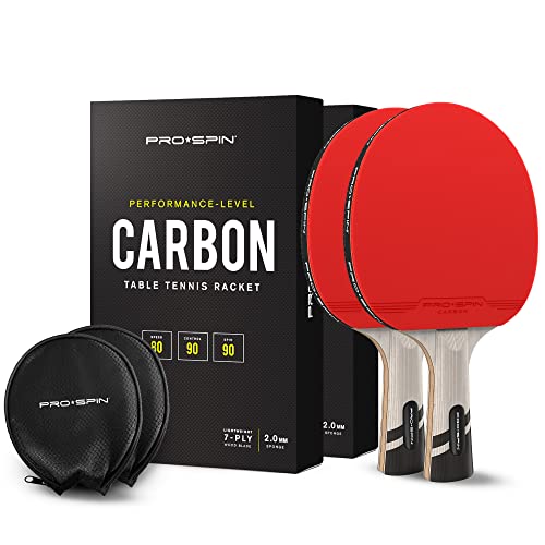PRO-SPIN Pala de Ping Pong con Fibra de Carbono – Madera 7-ply, Goma Ofensiva, Esponja 2 mm, Funda de Raqueta de Tenis Mesa Premium (Pack de 2)