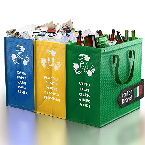 PTMS® Cubos de basura de reciclaje - 3 Cubo basura reciclaje para vidrio, papel y plástico - Bolsas reciclaje en colores estándar - Papelera cocina fácil de vaciar (Color Edition)