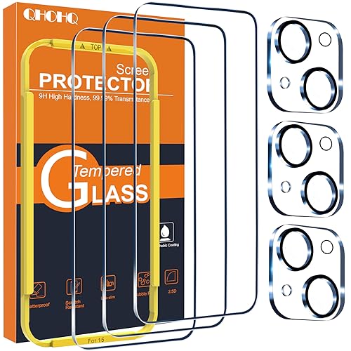 QHOHQ 3 Piezas Protector Pantalla para iPhone 15 [6,1 Pulgada] con 3 Piezas Protector Camara, Cristal Templado, Dureza 9H, Ultra Transparente, Anti Arañazos, Sin Burbujas