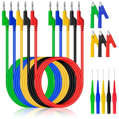 QIMEI-SHOP Cables de Prueba de Multímetro con Conector Banana 4mm Pinzas Cocodrilo Sondas de Prueba Cable de Polimetro 1m para Multimetro Digital 5 Colores 15 Piezas