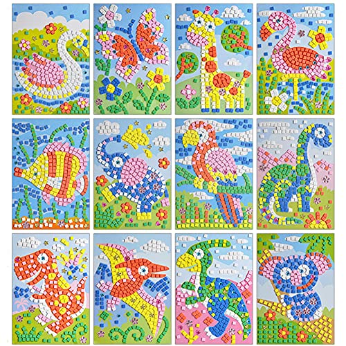 Queta Pegatinas de Mosaico para Niños Conjunto de 12 Dibujos Animados de Mosaico, Mosaicos Adhesivos de Arte Hecho a Mano DIY Kits de Artesanía de Manualidades para Niños Juguetes Educativos (Tipo-2)