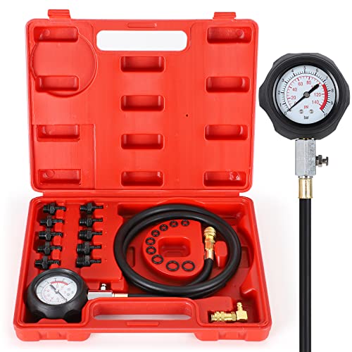 QUNNIE Kit de prueba de presión de aceite, kit de herramientas de manómetro, 0 – 140 psi, sistema de combustible, sensor mecánico, prueba de compresión de cilindro, para coches, ATV, camión