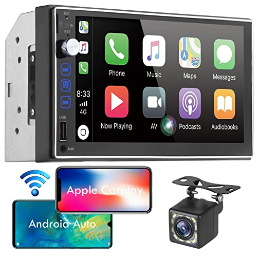 Radio Coche de Doble DIN con Apple CarPlay inalámbrico y Android Auto - Estéreo de automóvil con Pantalla táctil de 7", cámara de Respaldo de 12 LED, Mirror Link, USB/AUX/TF/FM