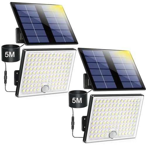 Realky Lampara solar exterior con sensor de movimiento, foco led exterior solares 113 LED 2000mAh 4 Modes, luz exterior solar potente lamparas solares exterior jardin con cable de 5 m, 2 piezas