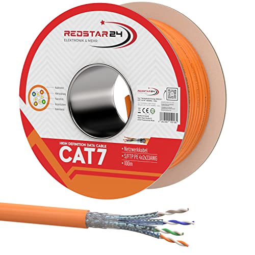 RedStar24 CAT 7 Cable Ethernet 100m - Cable de Red CAT7 LAN, Cobre, Cable de Datos CAT.7 Gigabit S/FTP, Categoría 7, Libre de Halógenos, PIMF, PoE, 10Gbit, Conexión de Red, Bobina 100 Metros