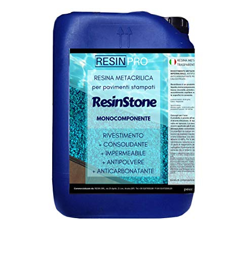 ﻿﻿Resin Pro - Resina metacrílica monocomponente ResinStone - Revestimiento para suelos de hormigón impreso, consolidante, impermeable, a prueba de polvo, transitable - 5 L 100m2.