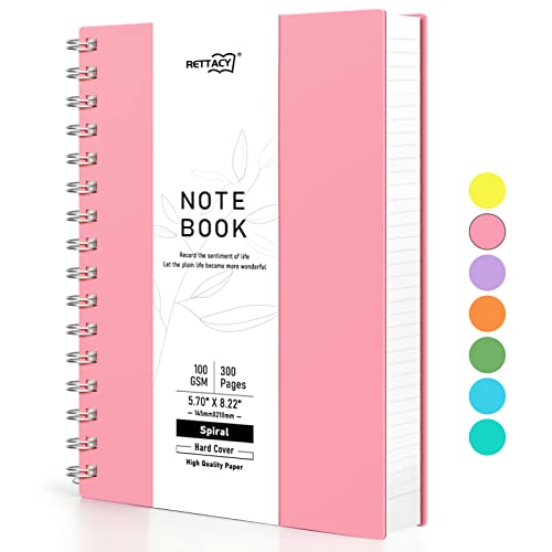 RETTACY Cuaderno A5 con espiral, 300 hojas/150 páginas para escribir, papel rayado universitario de 100 g/m², tapa dura de PVC, 14,5 x 21 cm, color rosa