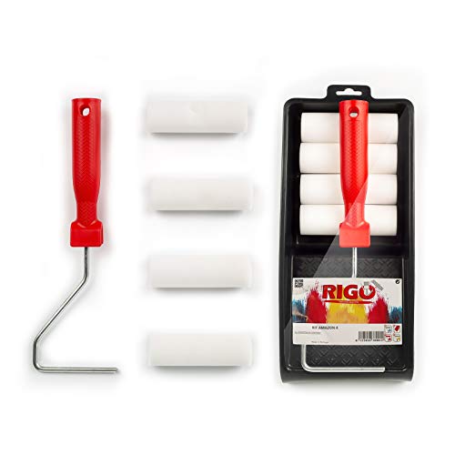 RIGO Kit Rodillos Pintura Pequeños de Espuma de 11cm con 4 Recambios Para Esmalte con Bandeja - Perfecto para Superficies Metálicas o Madera, Puertas, etc